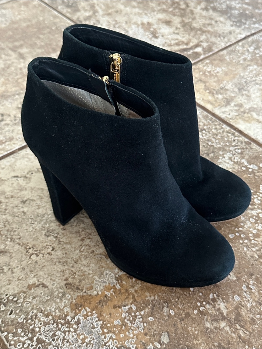 Michael Kors Black Suede Block Heel Ankle Booties with Gold Zip
